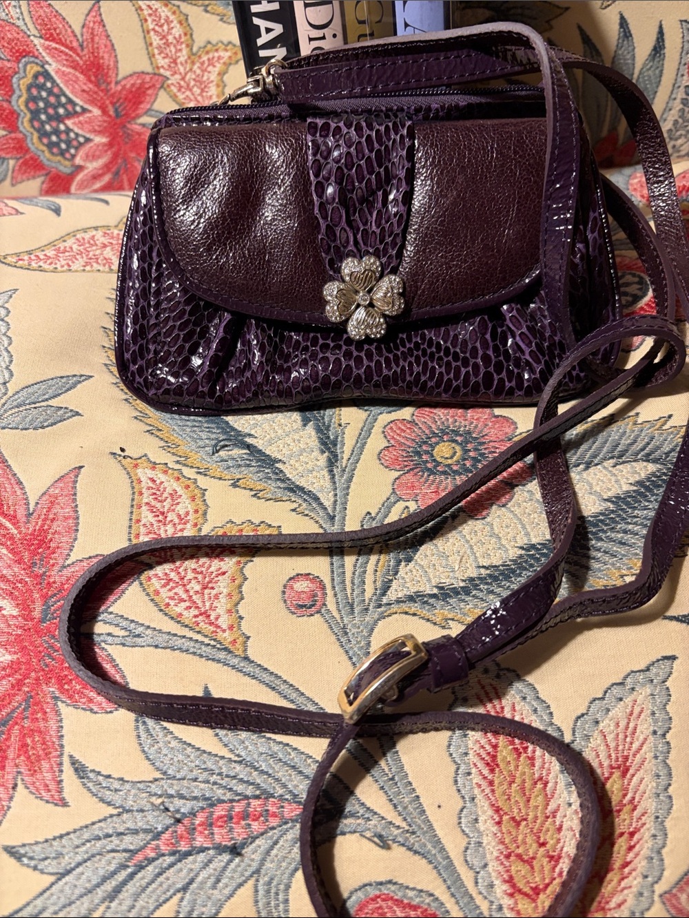 Brighton Dark Chocolate Purplish Brown Crossbody Mini Bag w/Floral Accent EUC